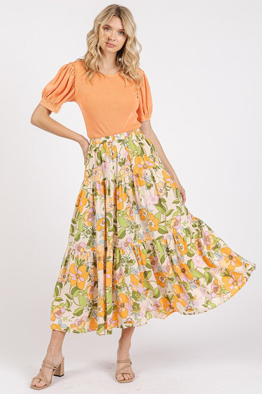 Flower Print Elastic Waist Tiered Skirt - Wildflower Hippies