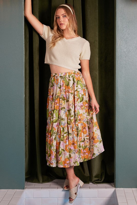 Flower Print Elastic Waist Tiered Skirt - Wildflower Hippies