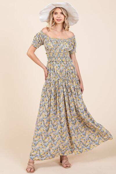 Flower Print Puff Sleeve Gathered Maxi Dress - Wildflower Hippies