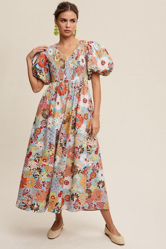 Flower Print Smocked V-neck Puff Sleeve Maxi Dress - Wildflower Hippies