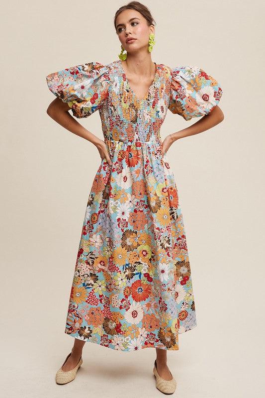 Flower Print Smocked V-neck Puff Sleeve Maxi Dress - Wildflower Hippies