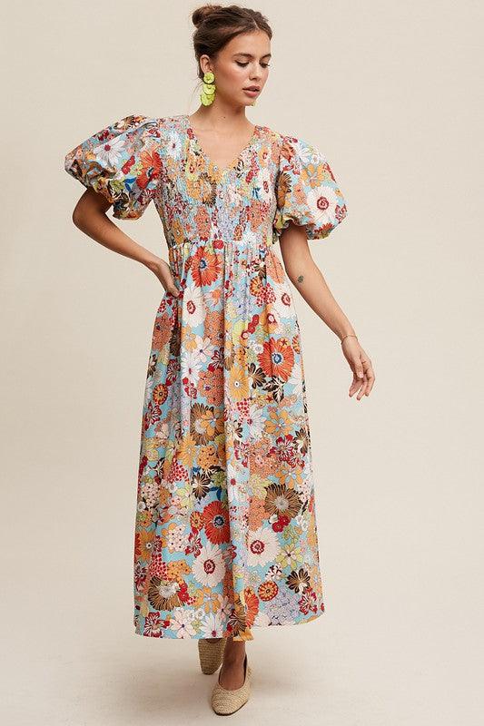 Flower Print Smocked V-neck Puff Sleeve Maxi Dress - Wildflower Hippies