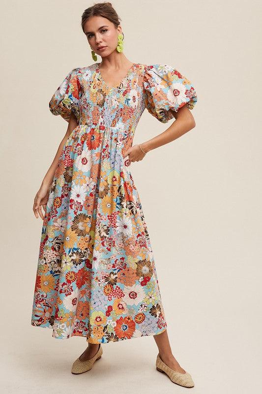 Flower Print Smocked V-neck Puff Sleeve Maxi Dress - Wildflower Hippies