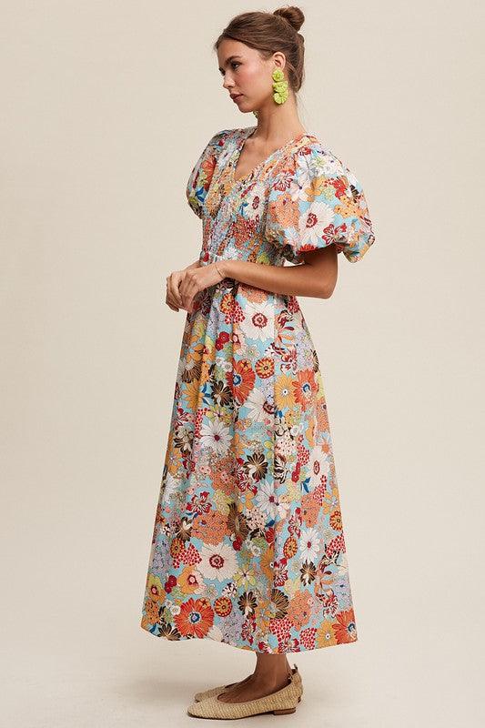 Flower Print Smocked V-neck Puff Sleeve Maxi Dress - Wildflower Hippies