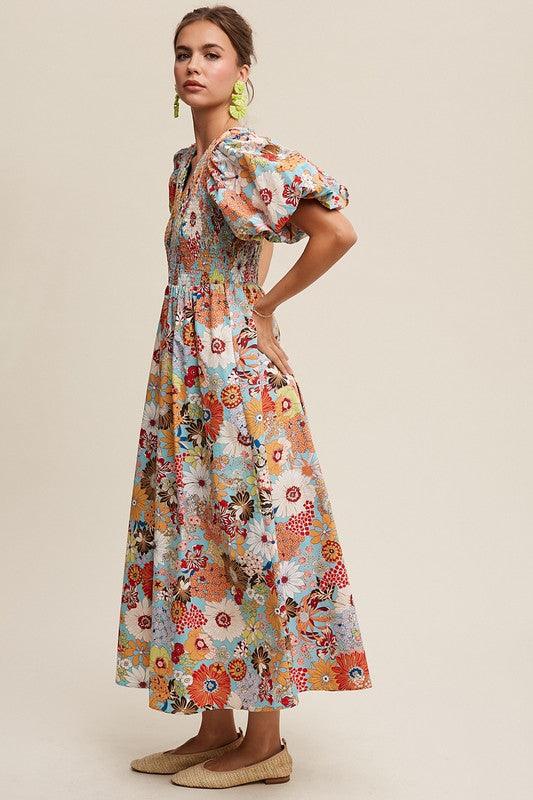 Flower Print Smocked V-neck Puff Sleeve Maxi Dress - Wildflower Hippies