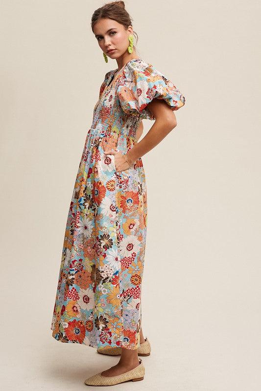 Flower Print Smocked V-neck Puff Sleeve Maxi Dress - Wildflower Hippies