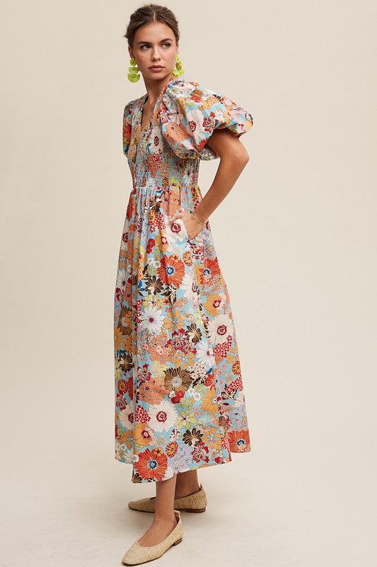 Flower Print Smocked V-neck Puff Sleeve Maxi Dress - Wildflower Hippies