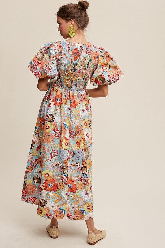 Flower Print Smocked V-neck Puff Sleeve Maxi Dress - Wildflower Hippies