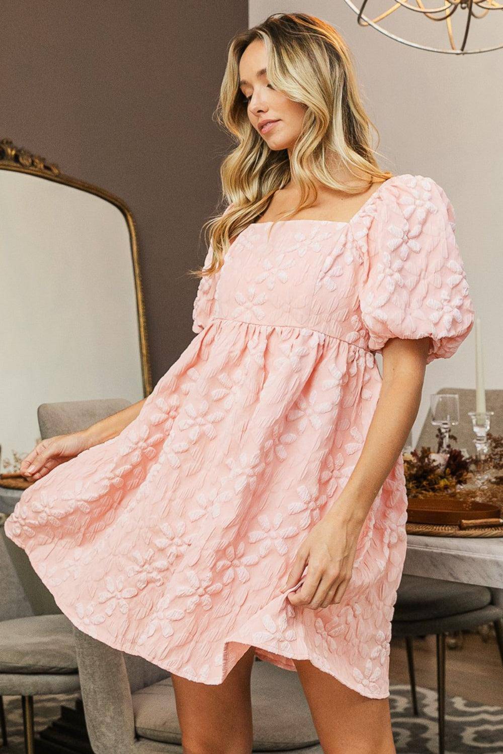 Flower Square Neck Puff Sleeve Dress - Wildflower Hippies