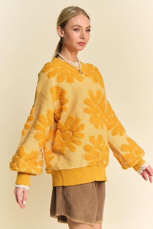 Flower Texture Round Neck Dropped Shoulder Sweater - Wildflower Hippies