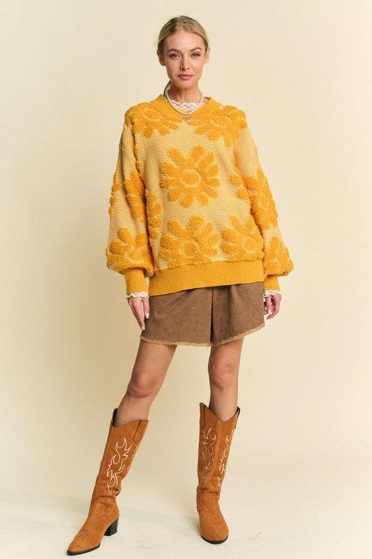 Flower Texture Round Neck Dropped Shoulder Sweater - Wildflower Hippies