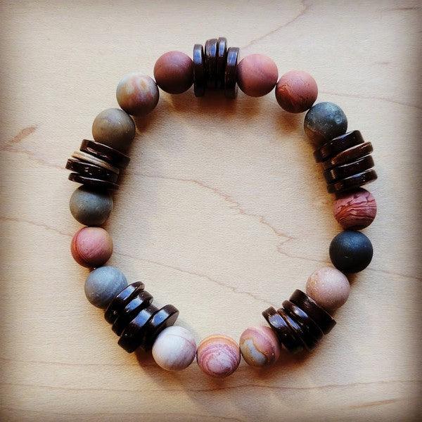 Frosted PIcasso Jasper and Wood Stretch Bracelet - Wildflower Hippies