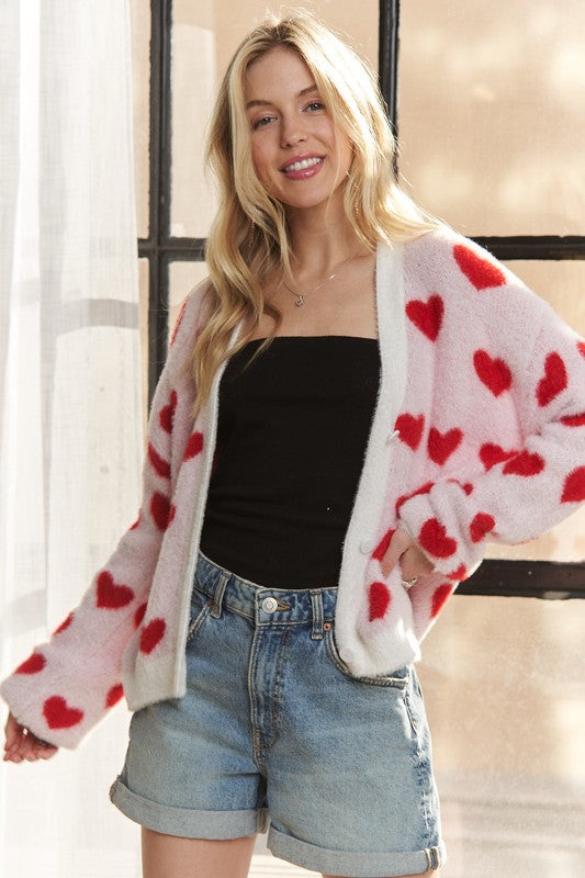 Fuzzy Heart Button Down Cardigan - Wildflower Hippies