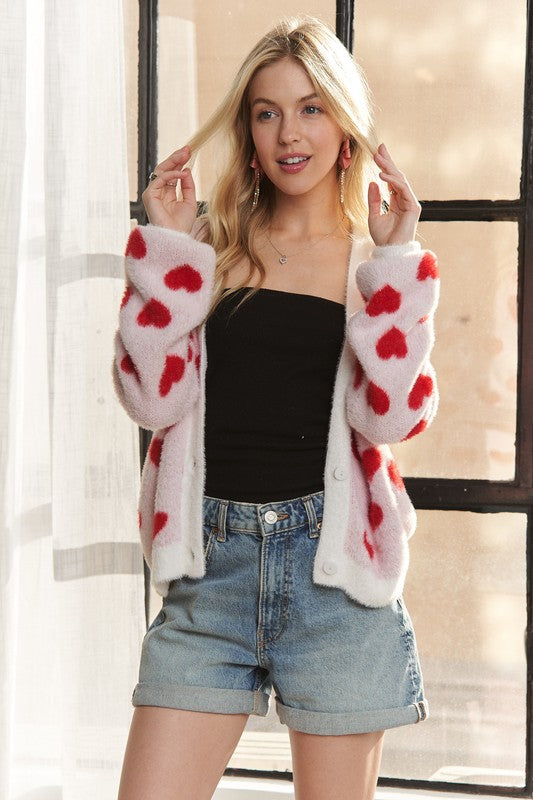 Fuzzy Heart Button Down Cardigan - Wildflower Hippies