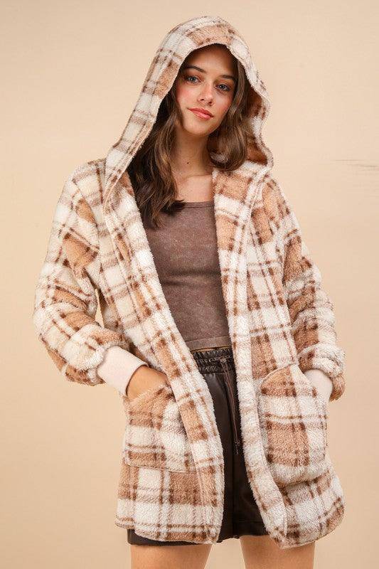 Fuzzy Plaid Long Sleeve Hooded Jacket - Wildflower Hippies