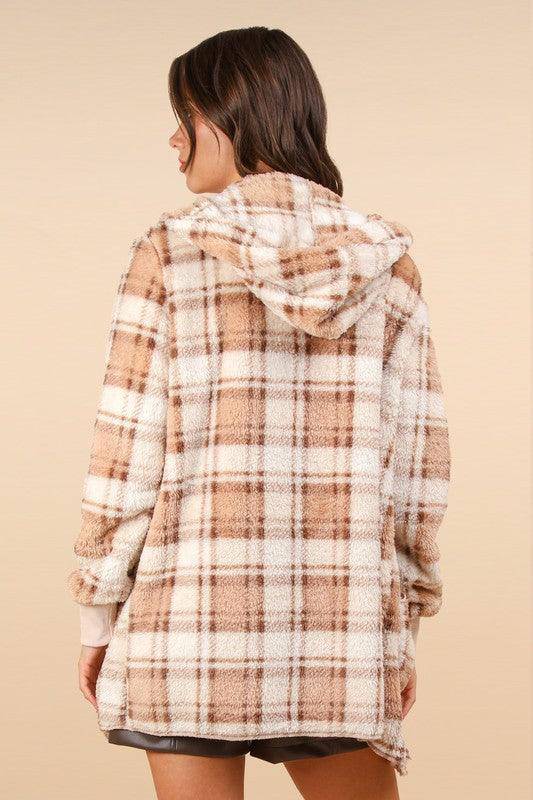 Fuzzy Plaid Long Sleeve Hooded Jacket - Wildflower Hippies