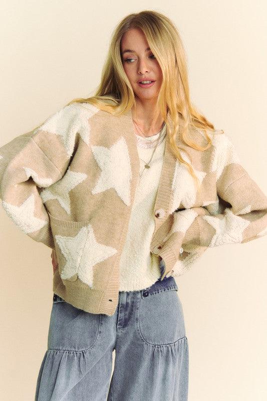 Fuzzy Star Button Down Cardigan - Wildflower Hippies