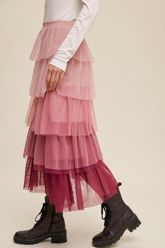 Gradient Style Tiered Mesh Maxi Skirt - Wildflower Hippies
