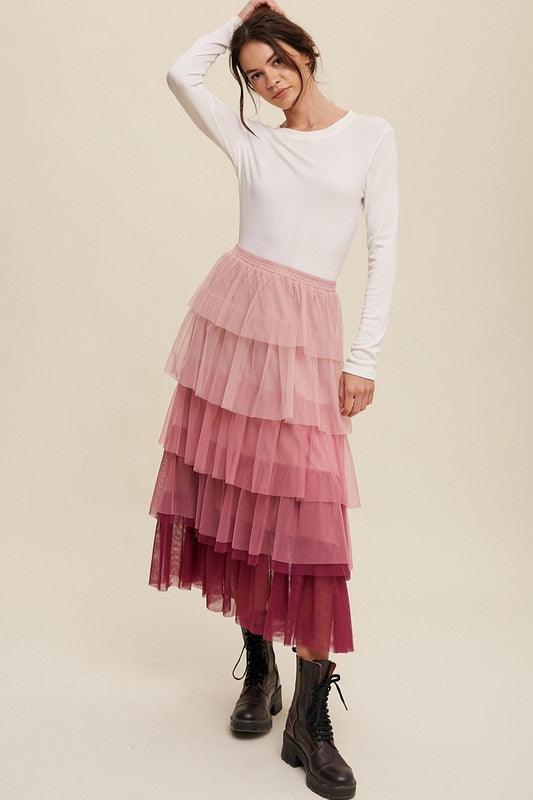 Gradient Style Tiered Mesh Maxi Skirt - Wildflower Hippies