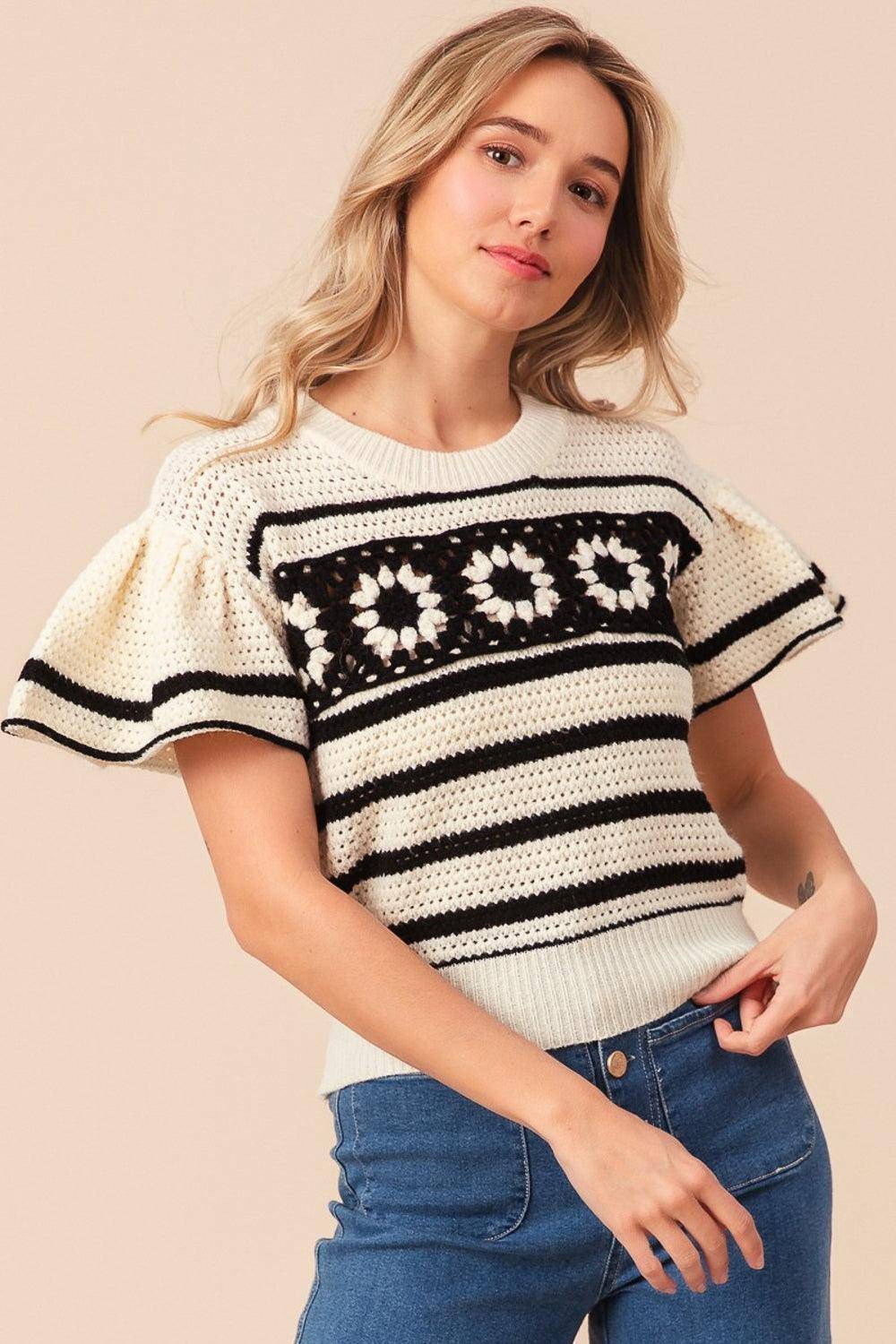 Granny Square Short Sleeve Striped Sweater - Wildflower Hippies