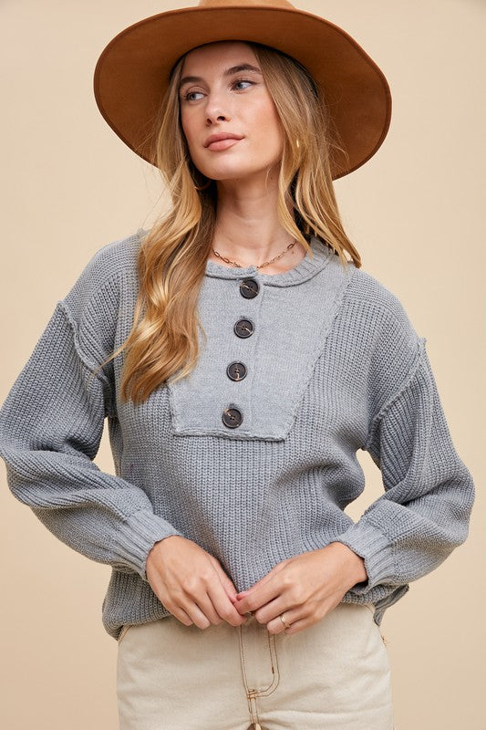 Half Button Ribbed Hem Sweater - Wildflower Hippies