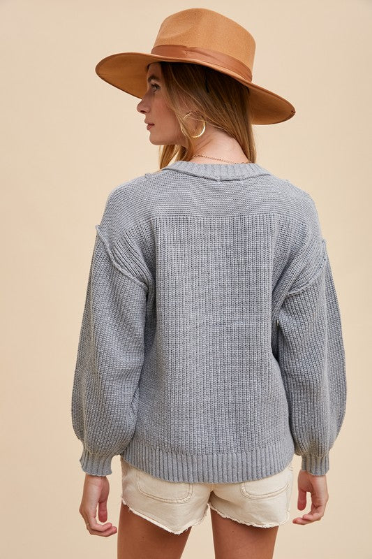 Half Button Ribbed Hem Sweater - Wildflower Hippies