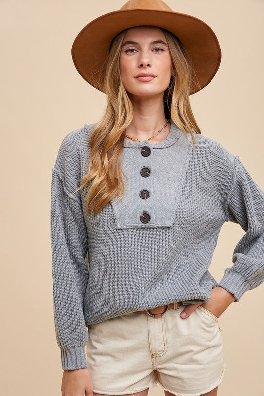 Half Button Ribbed Hem Sweater - Wildflower Hippies