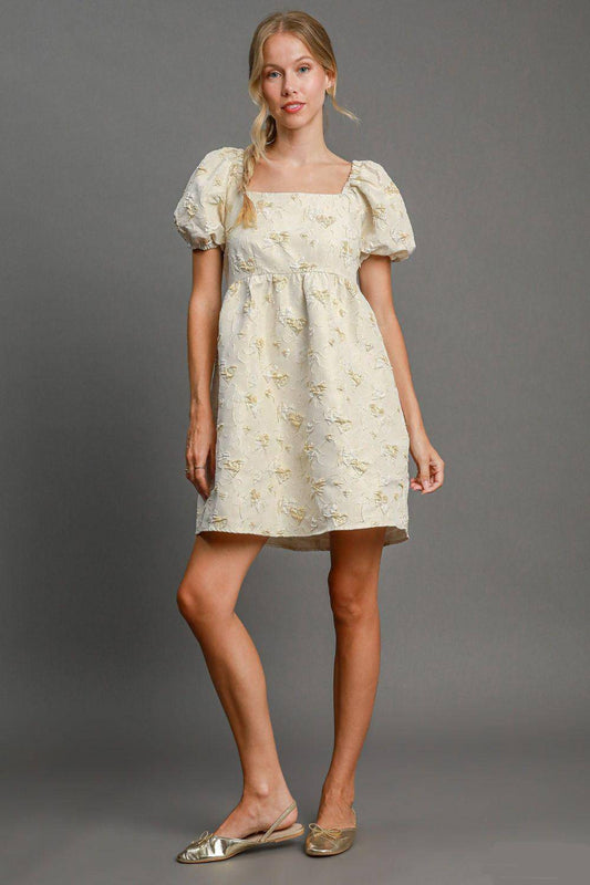 Heart Jacquard Square Neck Puff Sleeve Mini Dress - Wildflower Hippies