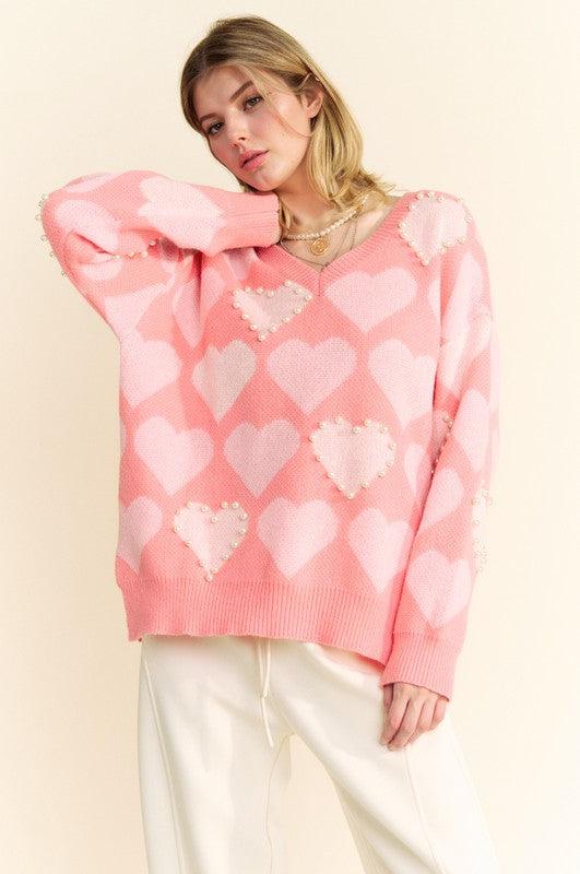 Heart Pearl Side Slit V Neck Sweater - Wildflower Hippies