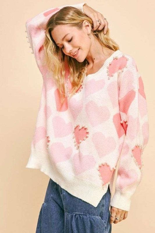 Heart Pearl Side Slit V Neck Sweater - Wildflower Hippies