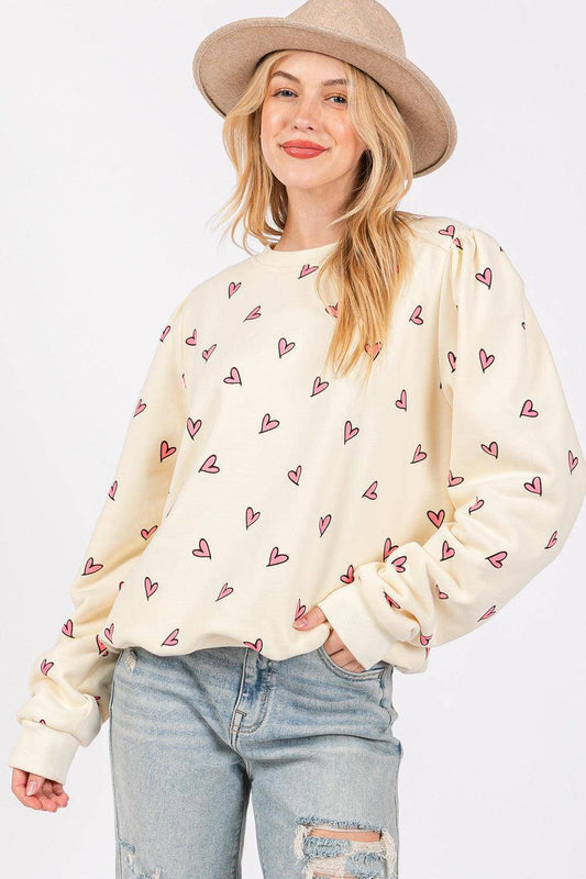 Heart Printed Contrast Long Sleeve Sweatshirt - Wildflower Hippies