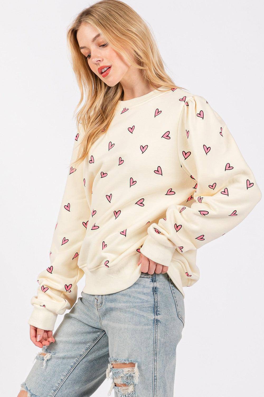 Heart Printed Contrast Long Sleeve Sweatshirt - Wildflower Hippies