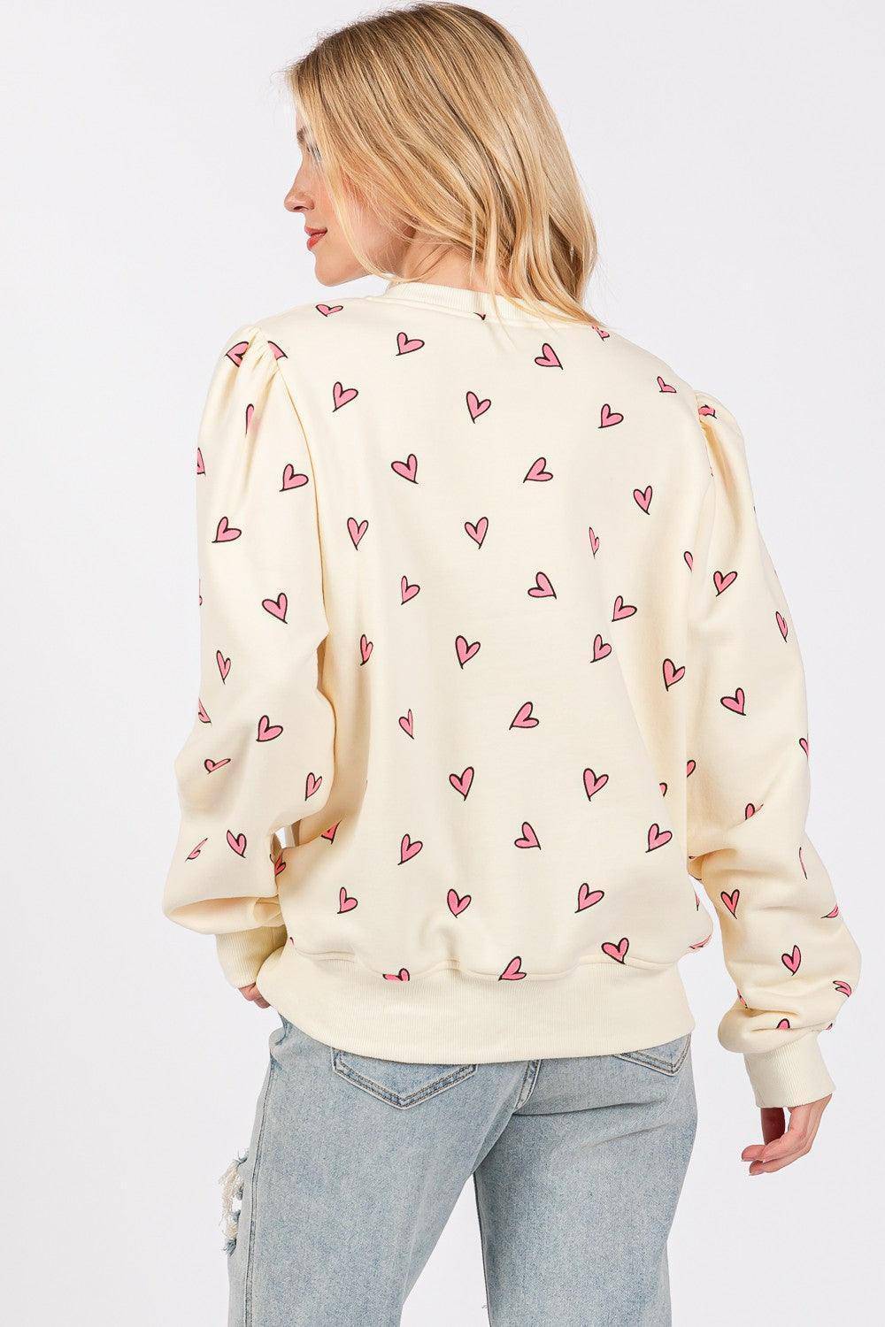 Heart Printed Contrast Long Sleeve Sweatshirt - Wildflower Hippies