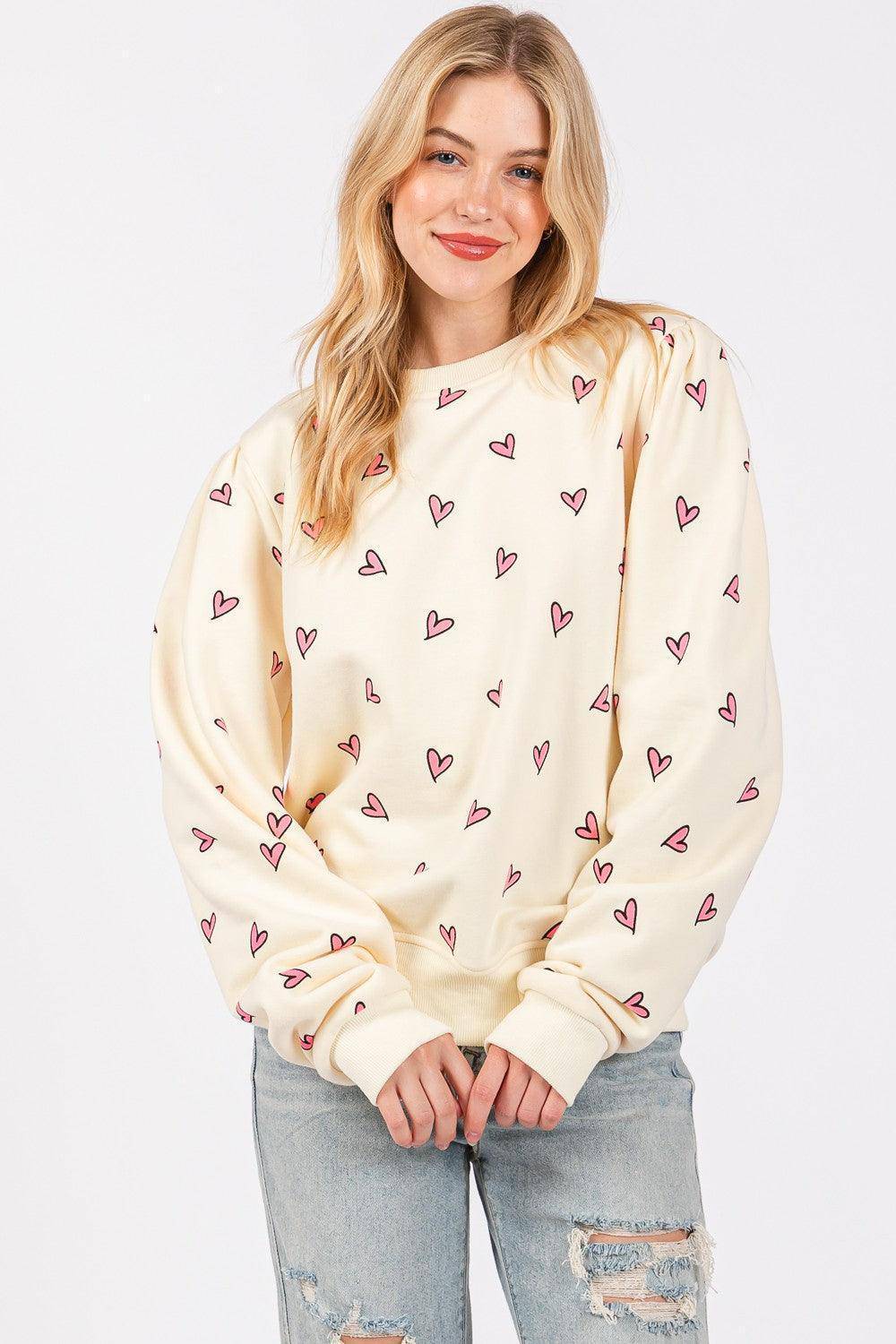 Heart Printed Contrast Long Sleeve Sweatshirt - Wildflower Hippies