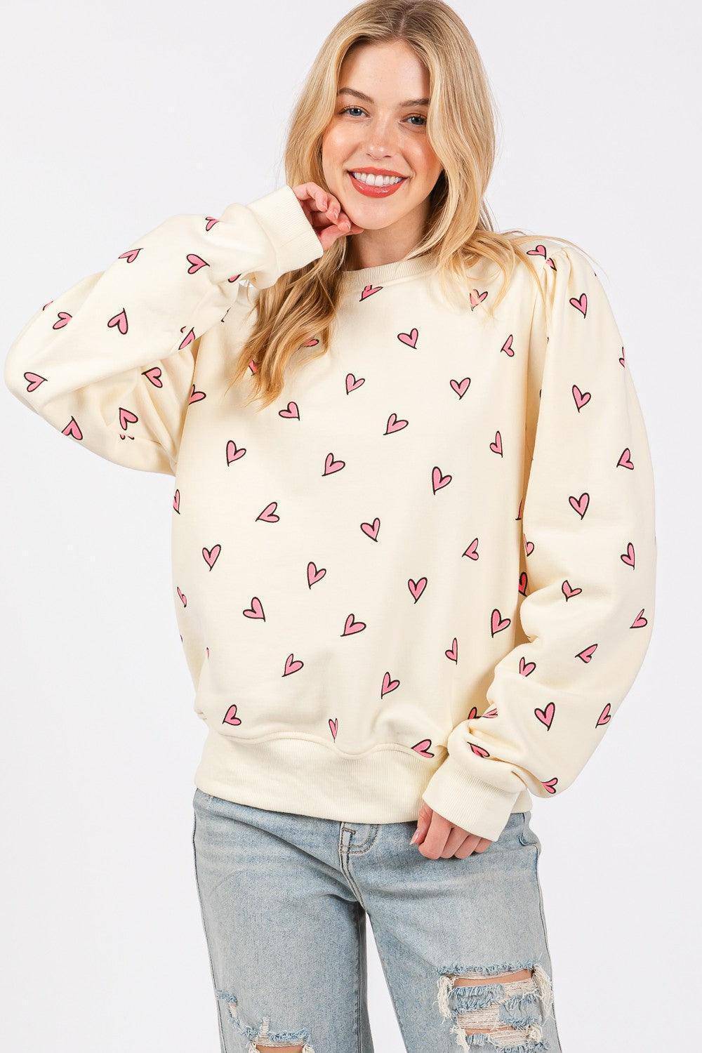 Heart Printed Contrast Long Sleeve Sweatshirt - Wildflower Hippies