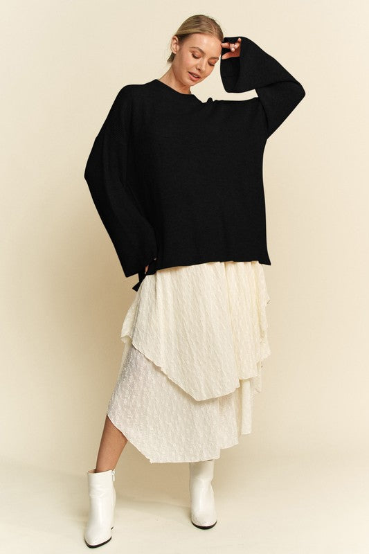 High-Low Round Neck Drop Shoulder Sweater - Wildflower Hippies