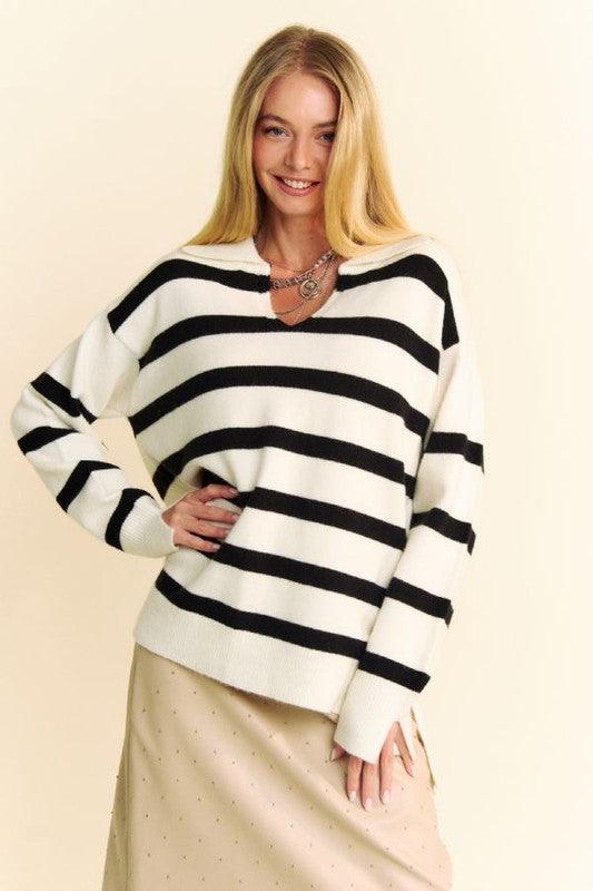 High-Low Side Slit Striped Johnny Collar Sweater - Wildflower Hippies