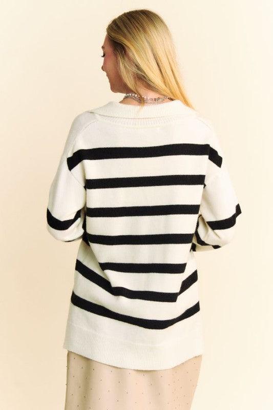 High-Low Side Slit Striped Johnny Collar Sweater - Wildflower Hippies