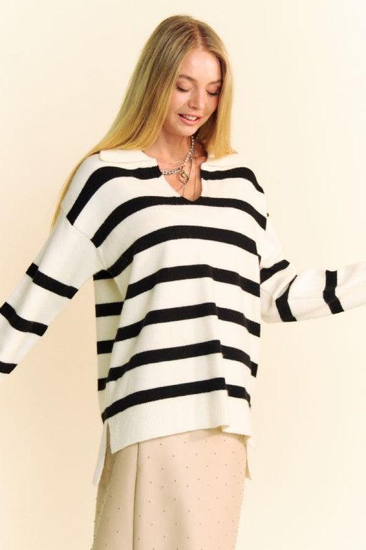 High-Low Side Slit Striped Johnny Collar Sweater - Wildflower Hippies