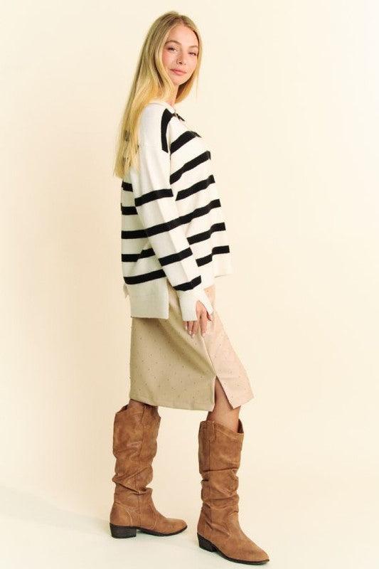 High-Low Side Slit Striped Johnny Collar Sweater - Wildflower Hippies