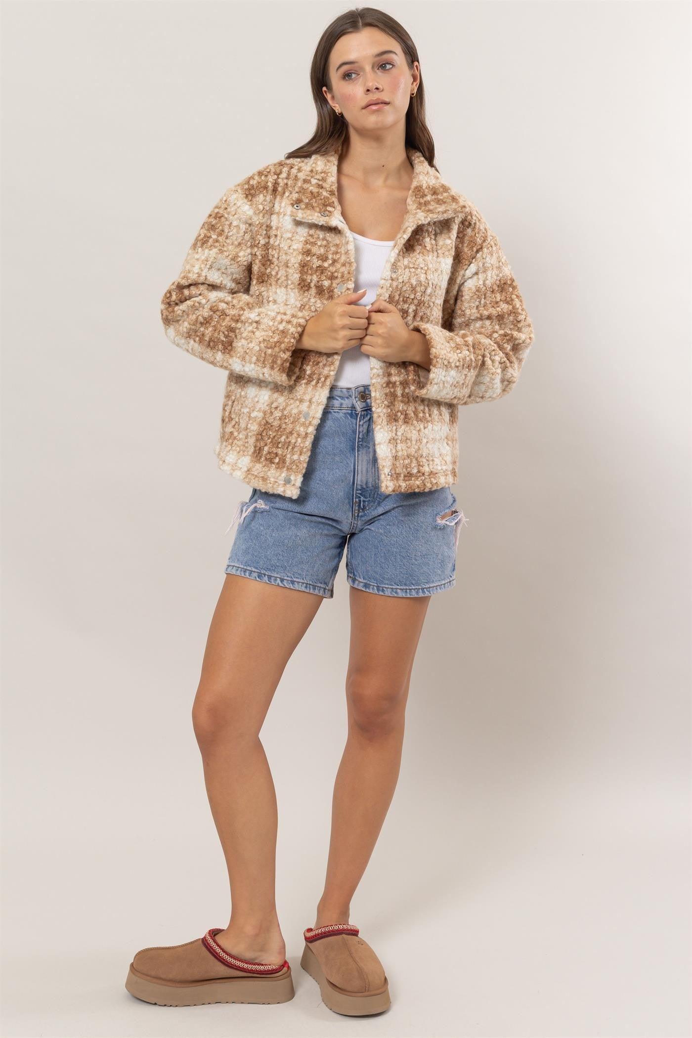 HYFVE Plaid Collared Neck Boucle Jacket with Pockets - Wildflower Hippies