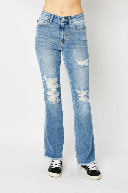 Judy Blue Full Size Distressed Raw Hem Bootcut Jeans - Wildflower Hippies