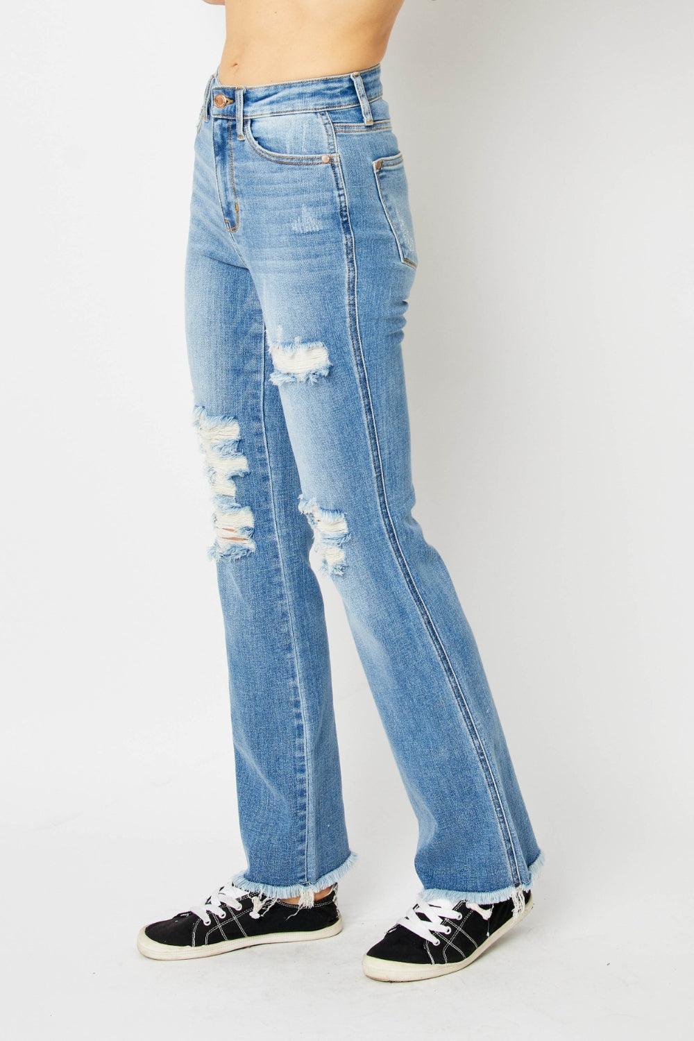 Judy Blue Full Size Distressed Raw Hem Bootcut Jeans - Wildflower Hippies