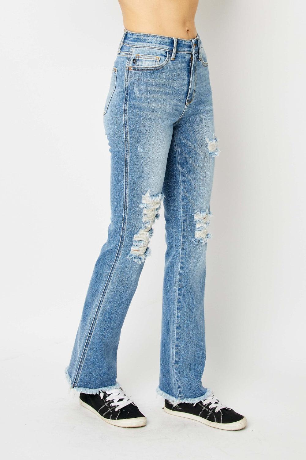 Judy Blue Full Size Distressed Raw Hem Bootcut Jeans - Wildflower Hippies