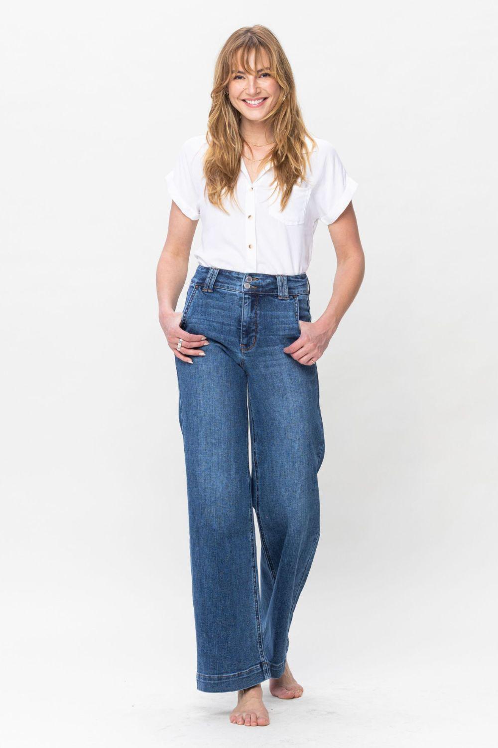 Judy Blue Full Size Double Button Wide Leg Jeans - Wildflower Hippies