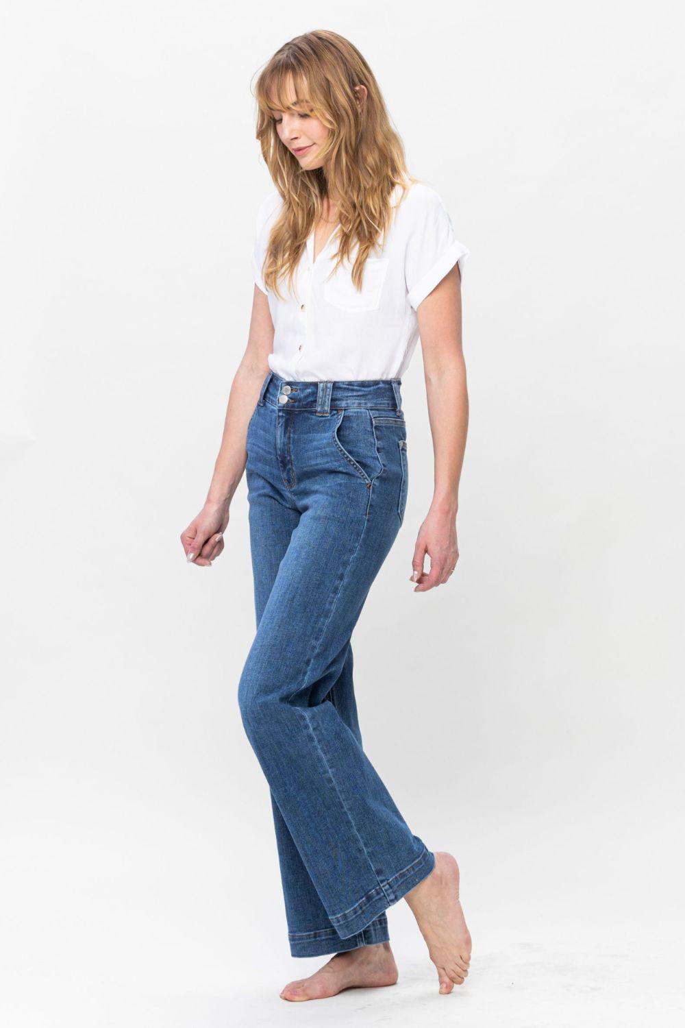 Judy Blue Full Size Double Button Wide Leg Jeans - Wildflower Hippies