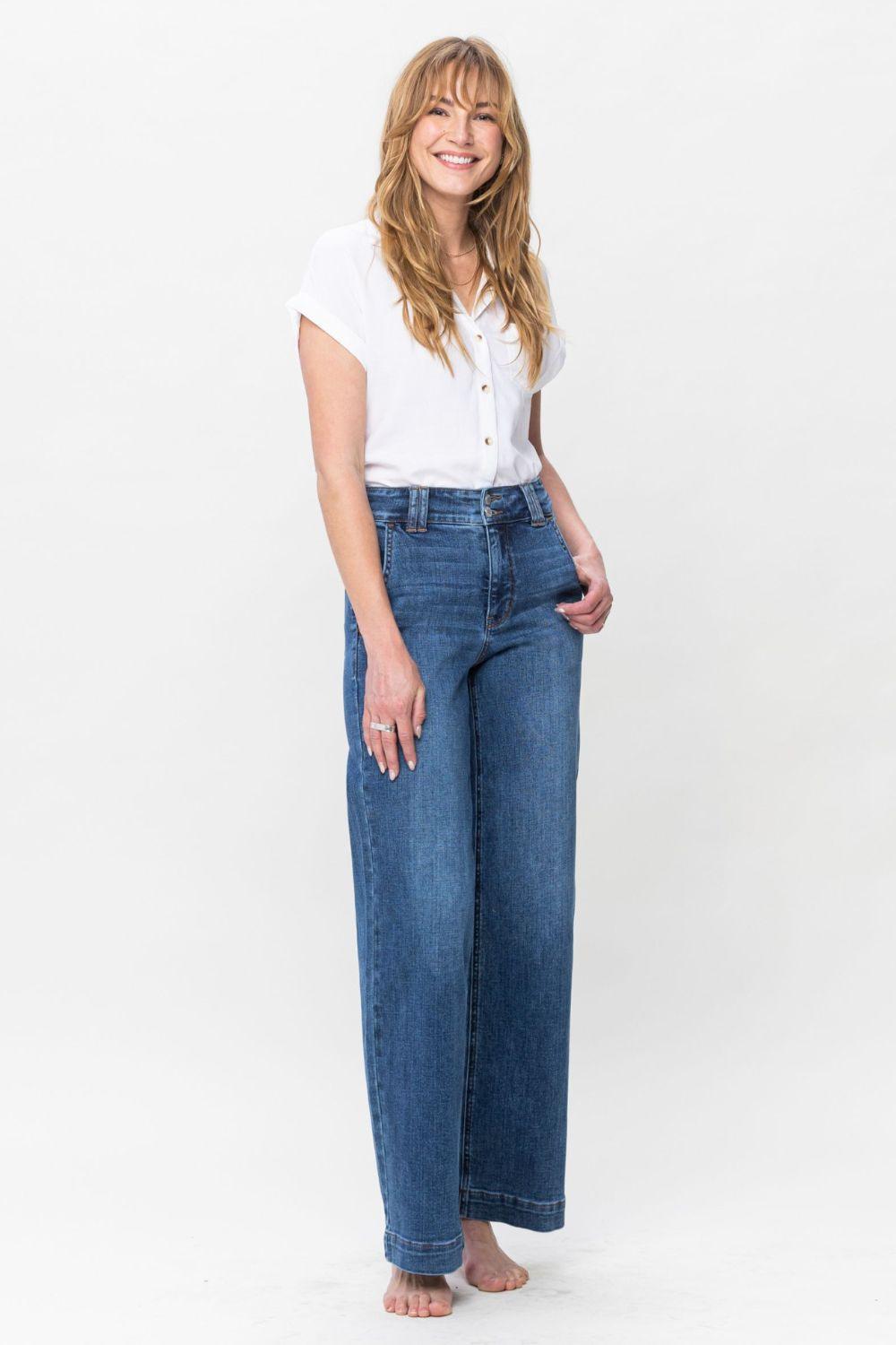 Judy Blue Full Size Double Button Wide Leg Jeans - Wildflower Hippies