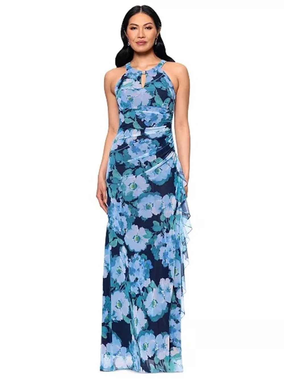 Betsy & Adam Printed Mesh Halter Neck sleeveless gown