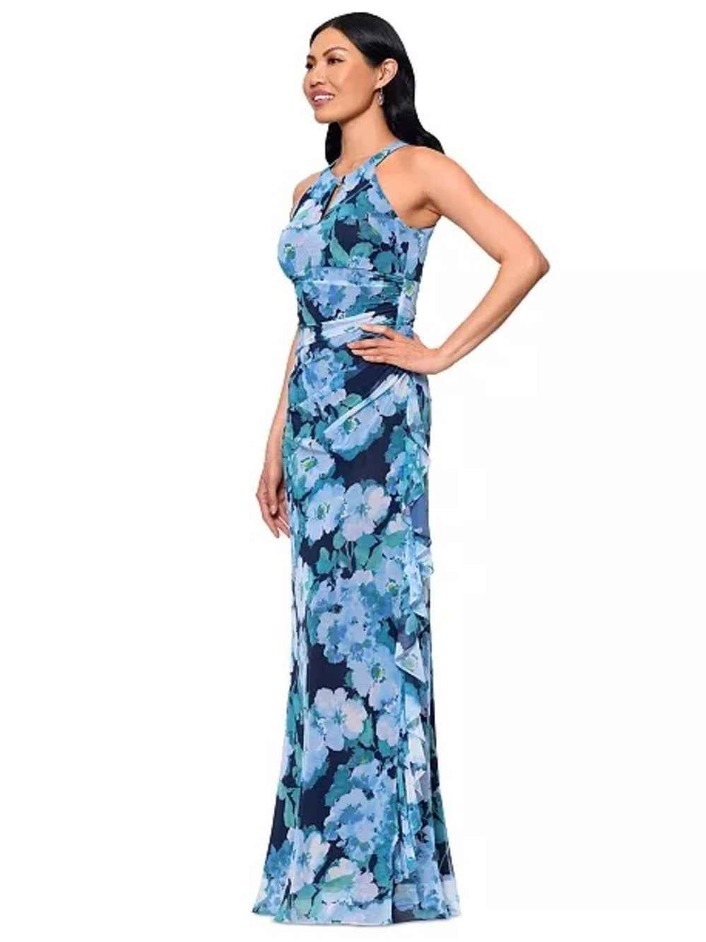 Betsy & Adam Printed Mesh Halter Neck sleeveless gown