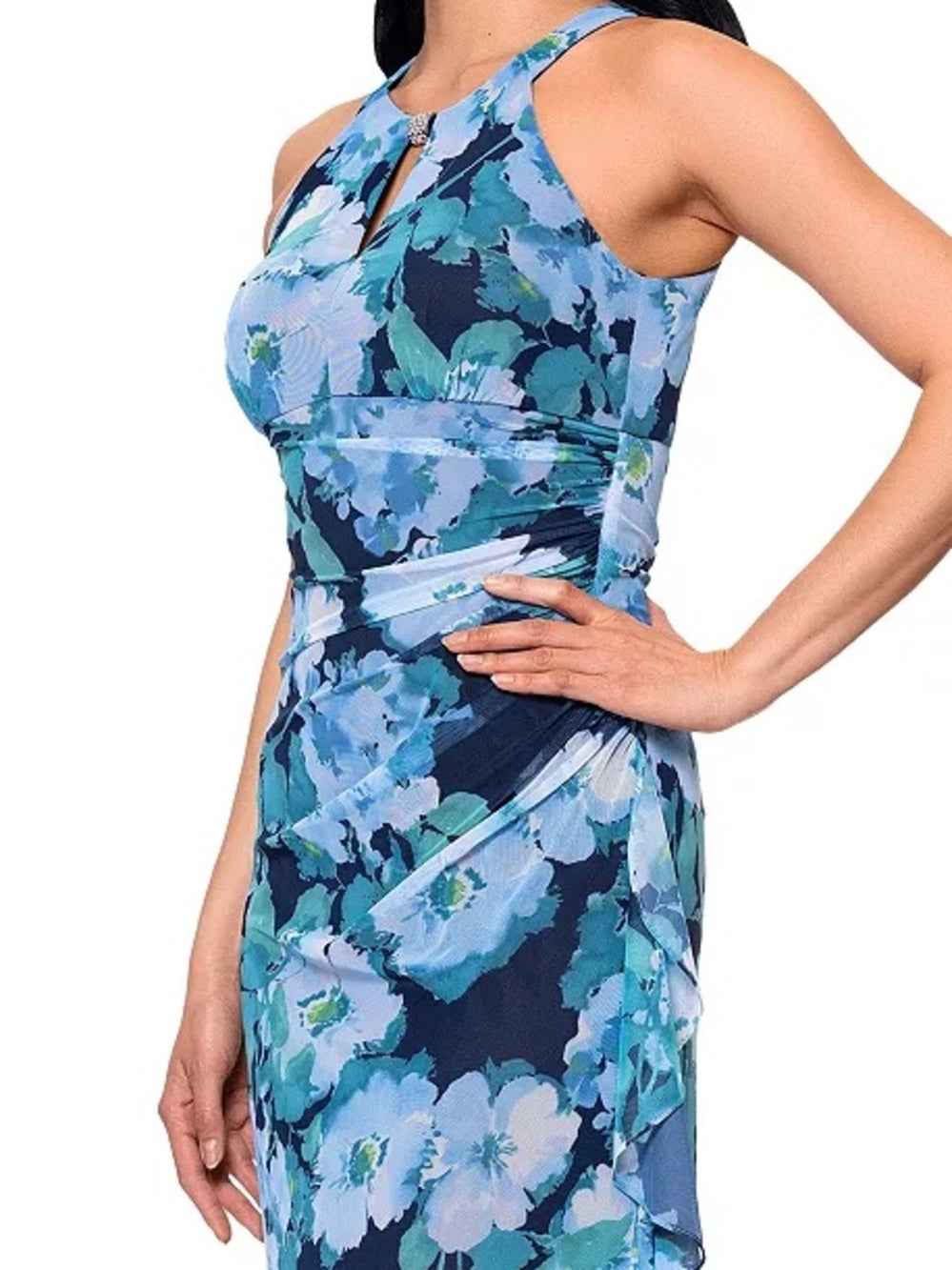 Betsy & Adam Printed Mesh Halter Neck sleeveless gown